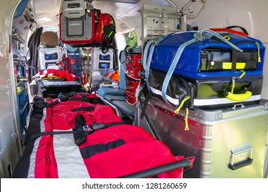 Stretcher And Medical Equipment In A Emergency Medical Services Helicopter.