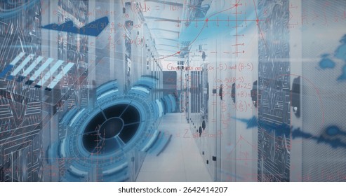 Stretching aisle walkway into distance at datacenter corridor, with server racks, digital overlays. Technology, data, cybersecurity, infrastructure, digital, networking, futuristic