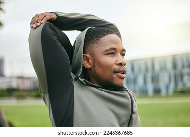 Stretching, arms and black man training in the city, fitness start and running motivation in Costa Rica. Commitment, vision and African runner with a warm up for cardio workout and body performance - Powered by Shutterstock