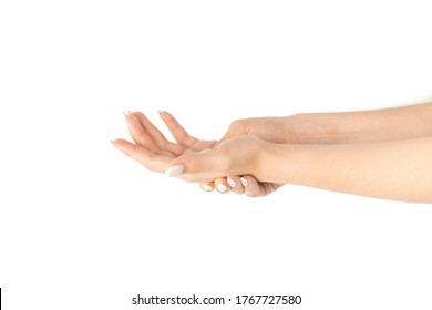 Stretching Arms. Healthy Workout Exercise. Woman Hand Massage For Carpal Tunnel Syndrome Protection. Female Finger Exercise, Stretch Therapy For Pain Wrist Protective Isolated On White Background.