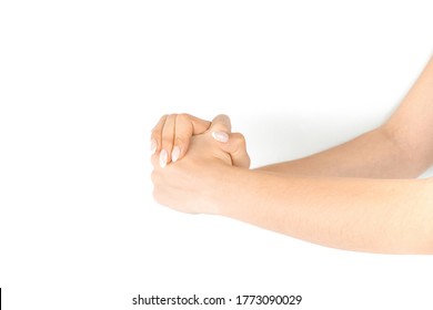 Stretching Arms. Healthy Workout Exercise. Woman Hand Massage For Carpal Tunnel Syndrome Protection. Female Finger Exercise, Stretch Therapy For Pain Wrist Protective Isolated On White Background.