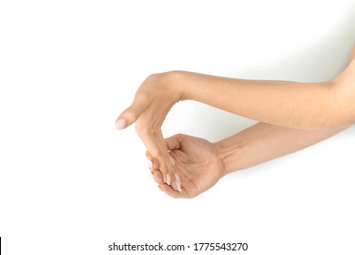 Stretching Arms. Healthy Workout Exercise. Woman Hand Massage For Carpal Tunnel Syndrome Protection. Female Finger Exercise, Stretch Therapy For Pain Wrist Protective Isolated On White Background.