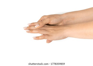 Stretching Arms. Healthy Workout Exercise. Woman Hand Massage For Carpal Tunnel Syndrome Protection. Female Finger Exercise, Stretch Therapy For Pain Wrist Protective Isolated On White Background.