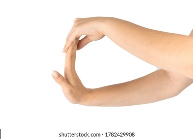 Stretching Arms. Healthy Workout Exercise. Woman Hand Massage For Carpal Tunnel Syndrome Protection. Female Finger Exercise, Stretch Therapy For Pain Wrist Protective Isolated On White Background.