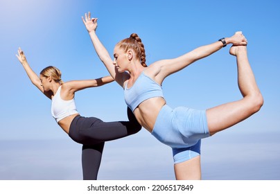 Stretching, Balance And Yoga Women On Blue Sky Mockup And Lens Flare For Wellness, Body Health And Fitness Lifestyle. Personal Trainer Or Professional Sports People With Pilates Training Outdoor