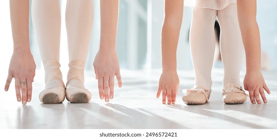 Stretching, ballet and teacher or feet in class for child and lesson with hands in academy. Talent, girl or woman and education in dance workshop for student, wellness and training or theatre for art - Powered by Shutterstock