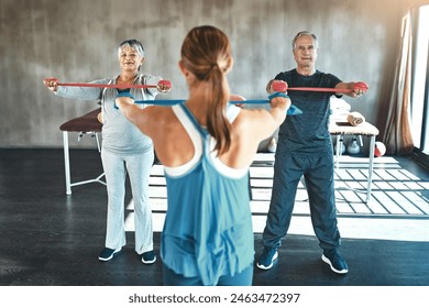 Stretching band, helping and senior people in physical therapy for support with muscle training by physiotherapist. Exercise, workout and strength progress of mature clients in wellness class or gym - Powered by Shutterstock