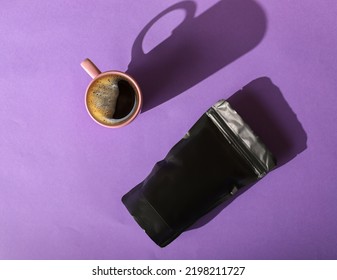 Stretching  And Black Coffee Package Mockup On Purple Background. Shadows Stretching In The Morning Sun And Coffee Pack Packaging