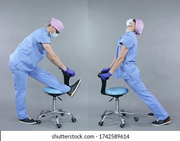 Stretching Exercise For Dentist In Standing Position With Chair.Self Help.