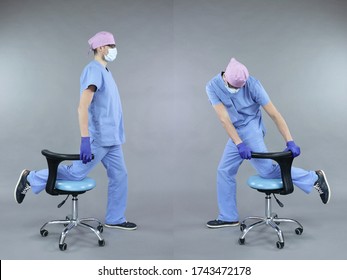  Stretching Exercises For Dentist In Standing Position With Chair.Self Help.Caucasian Dentist Stretching Legs.