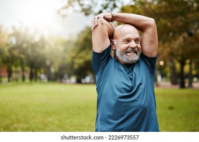 Stretching, fitness and running with old man in park for health, workout or sports with mockup. Warm up, retirement and exercise with senior runner in nature for training, jogger and cardio endurance