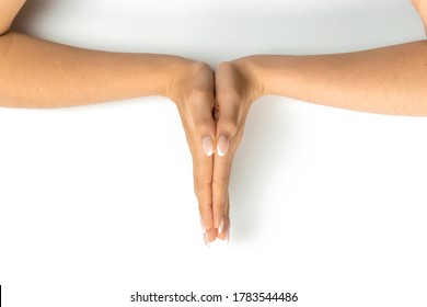 Stretching Hand. Woman Hand Massage, Carpal Tunnel Syndrome Protection. Female Finger Exercise, Stretch Therapy For Pain Wrist Protective Isolated On White Background. Healthy Yoga Exercise.