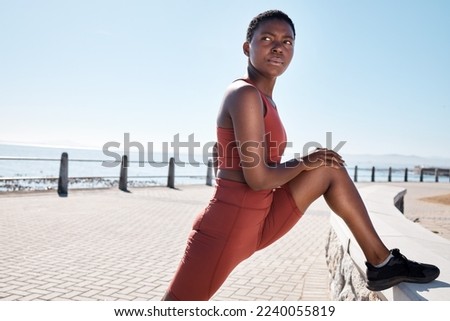 Stretching, legs and black woman on the promenade for fitness start, cardio motivation and exercise in Costa Rica. Warm up, sport and African runner training for sports competition and workout