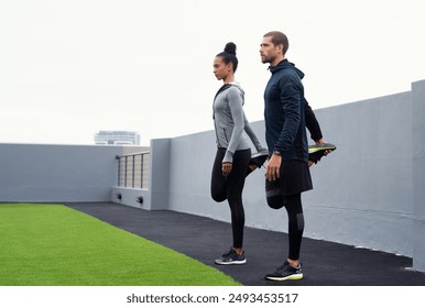 Stretching legs, personal trainer and woman in city with fitness for morning exercise, breathing or workout routine. Roof, athlete and people with balance for wellness, preparing or warm up muscles - Powered by Shutterstock