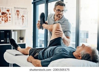 Stretching legs, rehabilitation and a physiotherapist with a man for wellness and disability support. Help, health and a male doctor helping an elderly person with physiotherapy on body muscle