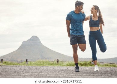 Stretching legs, run warmup and couple of friends in the mountain for outdoor exercise. Training, balance and young people smile with leg stretch for fitness, sports and workout on road with mockup - Powered by Shutterstock