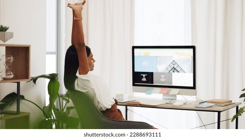 Stretching, office desk and woman with computer for website design, seo marketing or copywriting planning, working hard. Tired, burnout and creative graphic designer with overtime on ux ui web design - Powered by Shutterstock