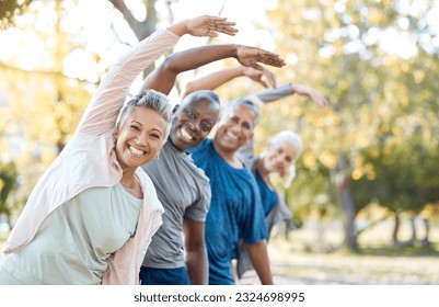 Stretching, portrait and senior people in park for muscle health, workout and training with retirement community. Yoga, exercise and elderly friends or group of women and men for fitness in nature - Powered by Shutterstock