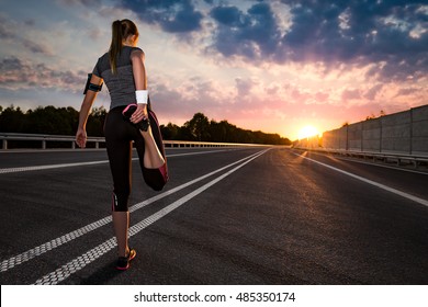 stretching run runner road jogging clothes flare sunset street fitness cross sunbeam success running sportswear 