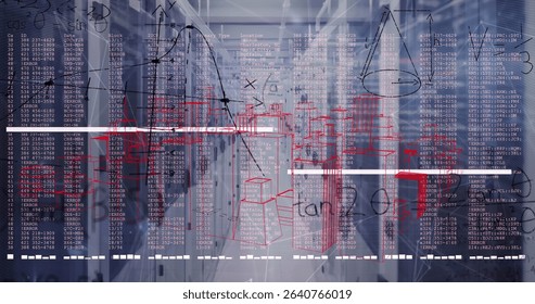Stretching server racks along secure data center corridor, with digital code and wireframe overlays. Technology, cybersecurity, futuristic, data, networking, digital, architecture - Powered by Shutterstock - Get 15% off with code: PIKWIZARD15