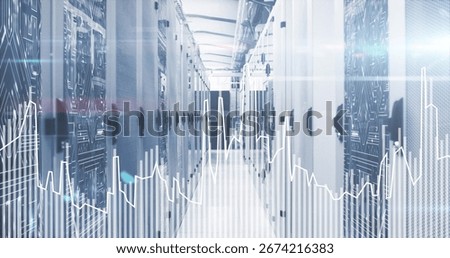 Stretching server racks lining data center corridor with fluorescent lights, glowing LEDs. Technology, infrastructure, cybersecurity, data management, digital, modern, clean