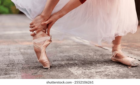 Stretching, shoes and ballet with woman in street of Japan for dancing, performance and talent. Dancer , theatre and ballerina with closeup of feet of person in city for outdoor, warm up and artist - Powered by Shutterstock