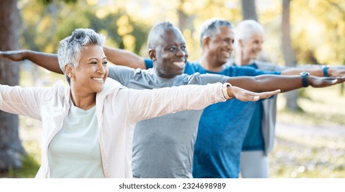 Stretching, yoga and senior people in park for muscle health, workout and training with retirement community. Pilates, exercise and happy elderly friends, group or women and men for fitness in nature - Powered by Shutterstock