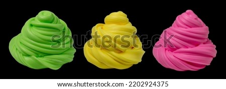 Stretchy slime clumps of hand gum for creative leisure with kid on isolated black. Set of swirl fluffy slime