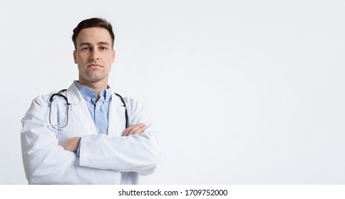 Strict Doctor In White Coat, Bottom View, Free Space