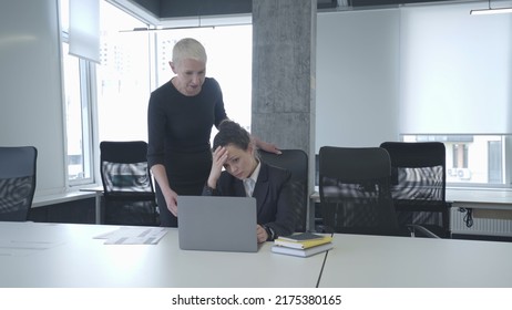 Strict Lady Boss Critisizing Sad Female Employee In Office, Stressful Job, Mistake