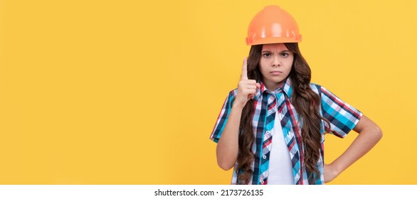 Strict Teen Girl With Curly Hair In Construction Helmet, Expert. Child Builder In Helmet Horizontal Poster Design. Banner Header, Copy Space.