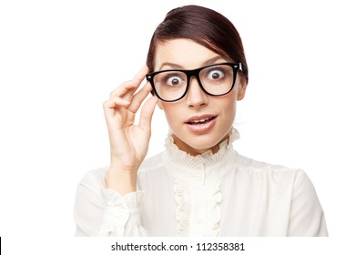 Strict woman in large glasses, isolated on white background - Powered by Shutterstock