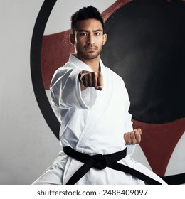 Strike first. Cropped portrait of a handsome young martial artist practicing karate in his dojo. - Powered by Shutterstock