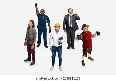 Strike. High angle view of age-diverse men, professor, farmer, delivery man, cameraman, smith, waiter and architector isolated on white background. Concept of occupation, diversity, caree, labor.
