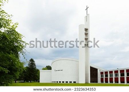
Striking 1967 modern style white concrete Saint-Benoit-Abbé church located at 3420 Rochambeau street, Ste-Foy sector, Quebec City, Quebec, Canada