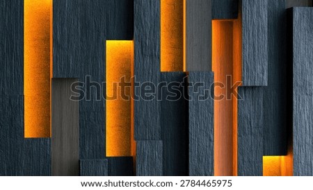 A striking abstract composition featuring dark, textured wood panels arranged in a geometric pattern, interspersed with glowing warm orange light.