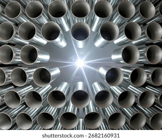 A striking abstract composition featuring a dense arrangement of polished metal tubes. They radiate outwards from a central, brilliant light, creating a sense of depth and perspective.