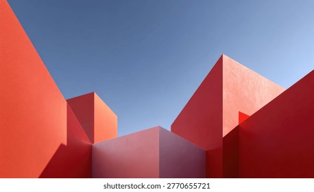 A striking abstract composition featuring sharp geometric shapes in vibrant red and soft pink, set against a clear blue sky.