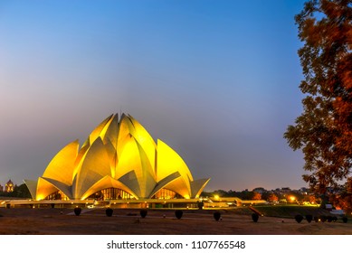 The Striking Architecture Of The Lotus Temple With Nine Sides, 27 Petals And Nine Entrances Seen At The Blue Hour, New Delhi, India. Photo Taken On 2018-06-01.