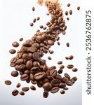 A striking arrangement of floating coffee beans, isolated on a transparent background, ideal for promoting coffee products and enhancing culinary visuals