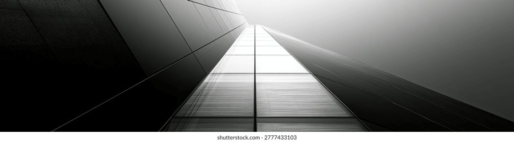 A striking black and white image capturing the geometric lines and vanishing point of a contemporary buildings interior, emphasizing light and shadow.
