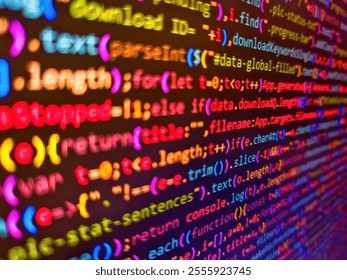 A striking digital error message superimposed over a background of blue and red binary code. Black background, copy space. Stock market. Software developer coding screen. Programming concept.