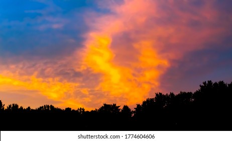 Striking Dusk Sky Silhouetted By Horizon Treeline