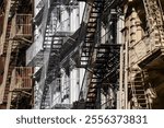 Striking Geometrical Composition of Brooklyn Fire Escapes in Black, White, and Red