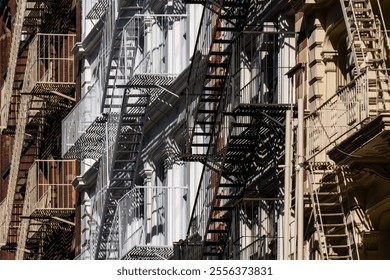 Striking Geometrical Composition of Brooklyn Fire Escapes in Black, White, and Red - Powered by Shutterstock