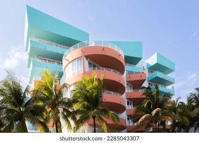 Striking green and orange art deco building, Miami Beach, Florida, USA