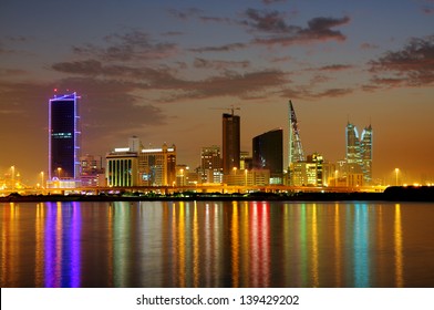Striking illumination & reflection of Bahrain highrise, HDR photograph