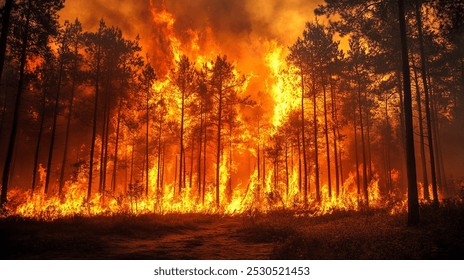 A striking image capturing the intensity of a forest fire, with towering flames consuming trees and billowing smoke filling the sky.