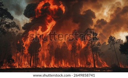 A striking image capturing the intensity of a forest fire, with towering flames consuming trees and billowing smoke filling the sky.