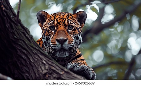 A striking image of a majestic jaguar resting gracefully on a tree branch, surrounded by lush forest foliage, capturing its intense gaze and beautiful spotted coat. - Powered by Shutterstock